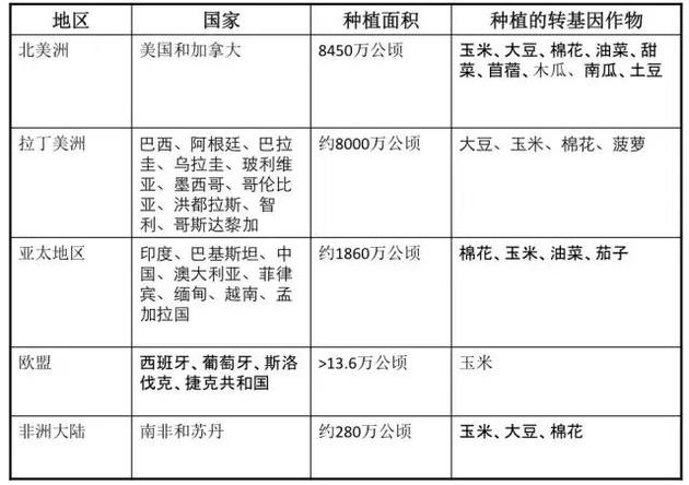 世界各地区的转基因作物
种植情况