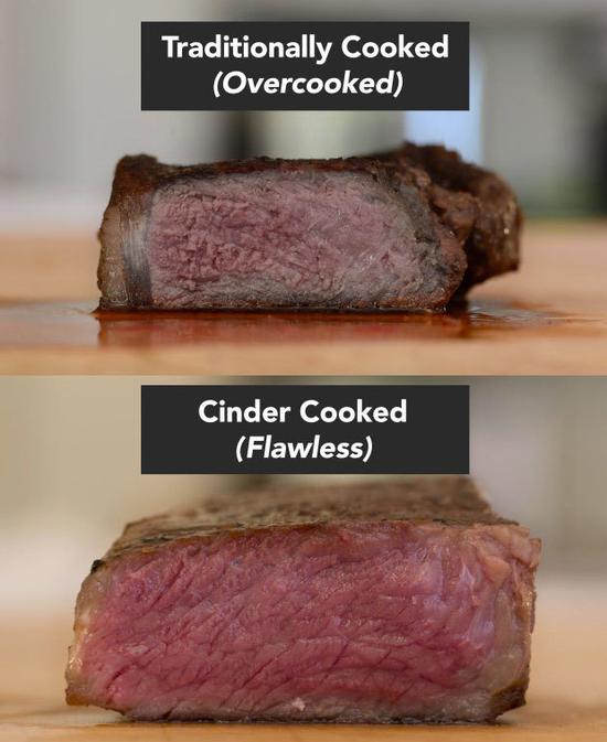 料理机可以做什么 瞧,用一般锅子(上图)与 Cinder Grill(下图)煎煮出来的牛排差异有多大~