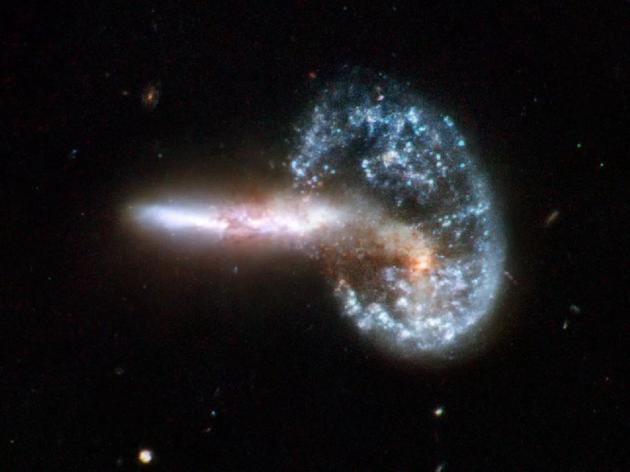 arp 148是两个星系碰撞之后的残留结构，它是一个环状星系和长尾星系发生碰撞的结果。
