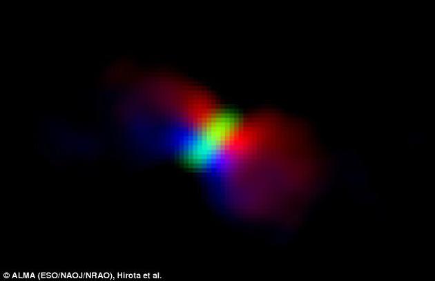 如图所示，研究小组首次获得婴儿恒星气体流出物处于旋转状况的清晰证据，彩色部分显示的是气体运动，红色区域是远离我们的气体，然而蓝色区域是朝向我们的气体。气体灰尘盘呈现为白色部分。