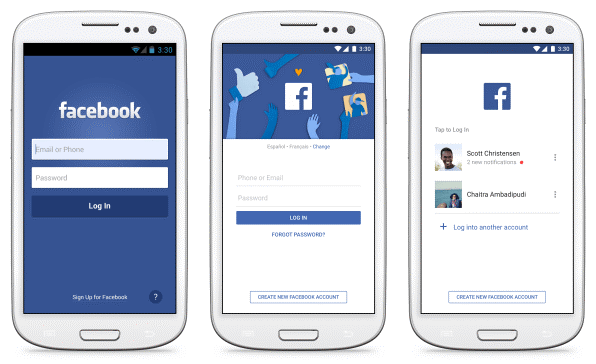 左侧为2011年的Facebook安卓版注册界面；中间为当前的界面，语言更为简练，拥有更吸引人的视觉效果；右侧为帐户切换界面，便于多个用户共享一部手机。