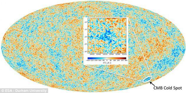 图为普朗克卫星生成的宇宙微波背景（CMB）图。红色代表温度较高区域，蓝色代表较低区域。放大图中即为冷斑所在地。这或许是多重宇宙存在的证据。