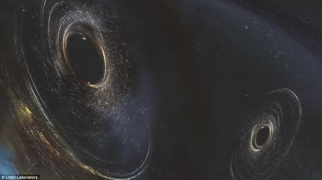 这张概念图描绘了两个黑洞旋转方向不一致时的情况。在LIGO天文台收集的证据中，指向“非对准旋转”的证据更多。