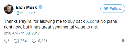 马斯克在Twitter上宣布，已再次买下X.com域名