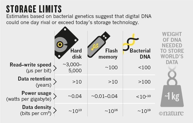 硬盘、U 盘、细菌 DNA 在读写速度、数据保留时间、耗电量、数据密度上的对比,图片来源:Nature
