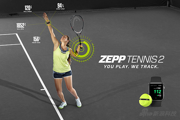 Zepp Tennis的网球设备广告图显示了它监测运动的方式