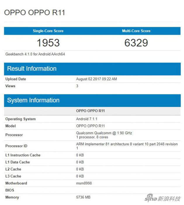 跑分网站Geekbench公布的OPPO R11跑分