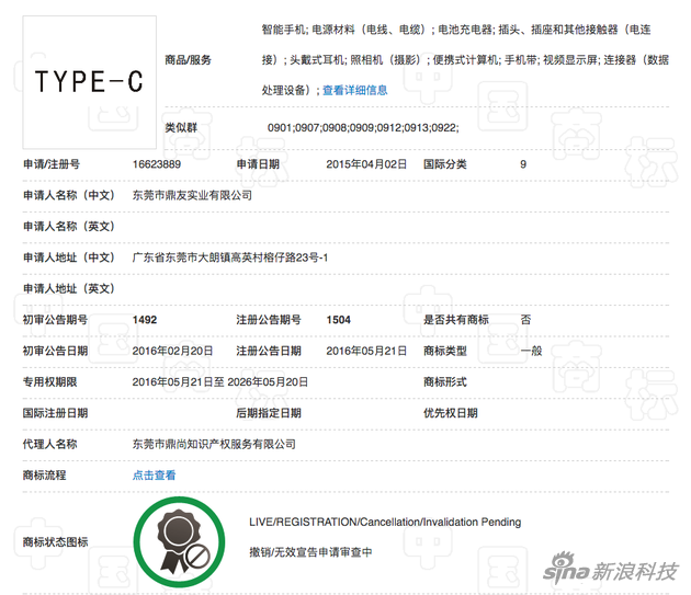 中国商标网显示的“Type-C”注册信息