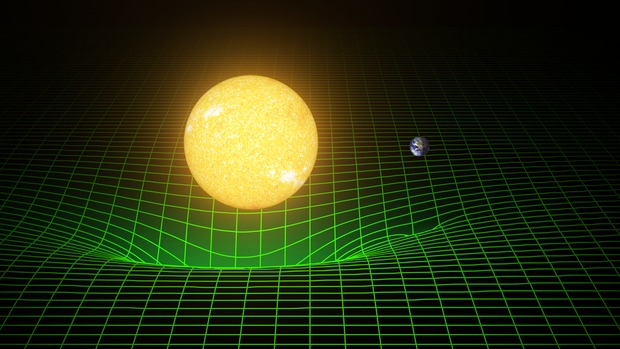 星体（比如太阳与地球）之间的引力来自时空的弯曲，图片来自LIGO