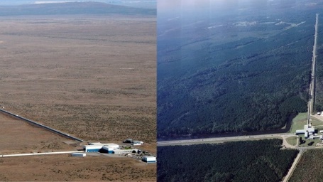 相距3002公里的两个巨大的迈克尔逊激光干涉仪，图片来自LIGO。