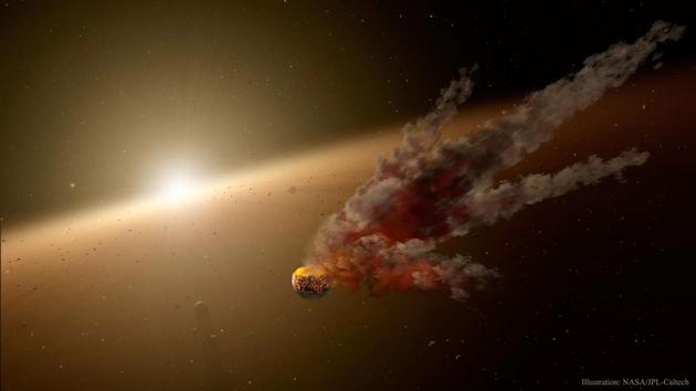 如图所示，这是艺术家描绘的KIC 8462852恒星，从地球角度观测，这颗恒星出现了亮度变化，一种假设是一颗分解的行星环绕恒星运行，行星残骸阻挡了恒星光线。.webp.jpg