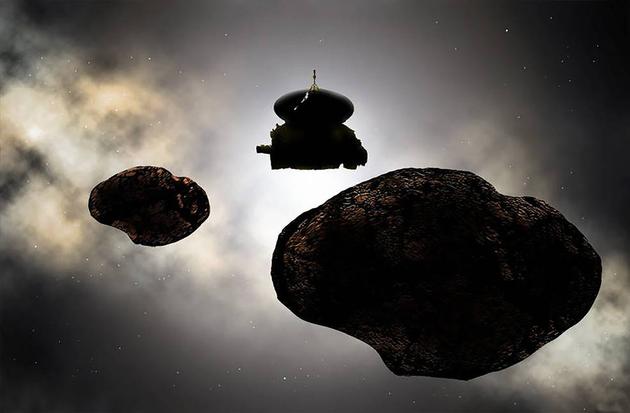 2019年1月1日，美国宇航局新视野号飞船近距离飞过柯伊伯带天体2014MU69的示意图。早期观测显示这个小天体有可能实际上是由两个单独部分组成的，两个部分的直径分别是20公里和18公里左右