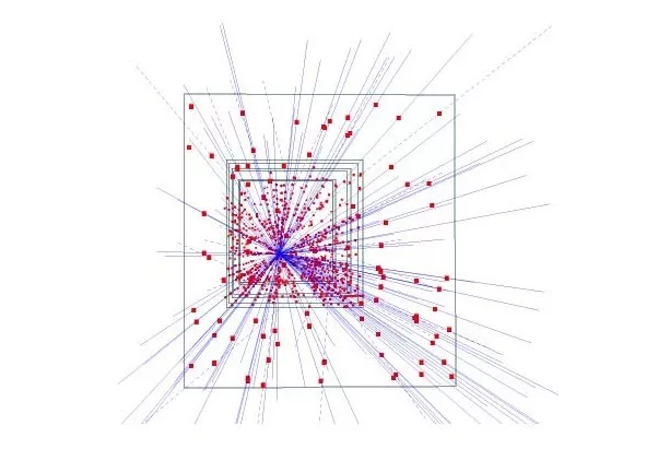 混合硅像素探测器1995年的照片，显示出153个高能粒子的轨道，展示了在高能物理中追踪应用的潜力（图片来自网络）