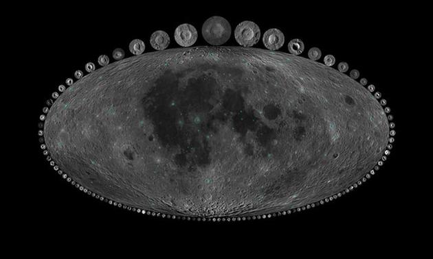 图为月球和月球上较大、较新的撞击坑。
