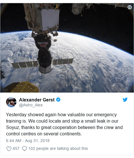 亚历山大·格雷斯特在社交媒体上发文表示，这一事件再次展示了国际空间站应急训练的价值。