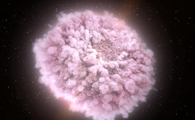 在这张概念图中，两颗中子星行将相撞之际，抛出了一团炽热、致密、不断扩大的碎片云。