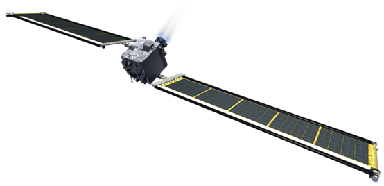 展开式太阳能电池阵列（ROSA）的DART航天器示意图。两边都在8.6米x 2.3米的范围内。