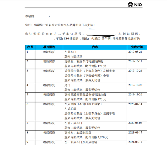 ▲刘先生的车辆多次维修、更换零部件