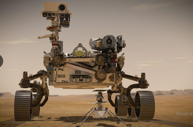 2021年2月，NASA的“毅力号”火星车和“独创号”火星直升机（概念图）将开始在火星上的探索之旅。