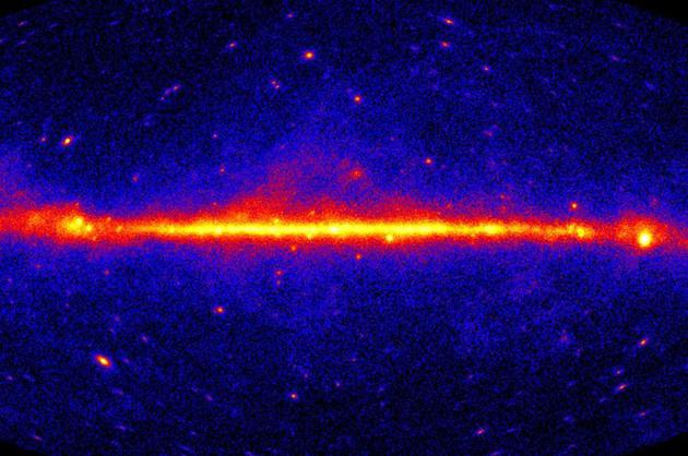 宇宙中充满了爆发性的、隐形的伽马射线(图中以红黄两色表示)。一项新研究称,暗物质或许也能产生伽马射线。