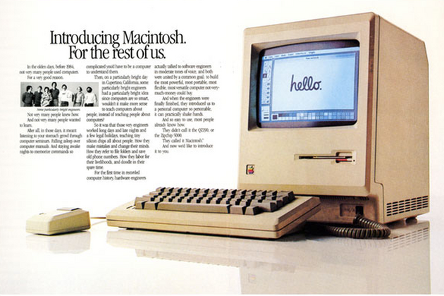  ▲ 这张经典的麦金塔电脑宣传图，屏幕中的‘hello’就是用 MacPaint 画出来的
