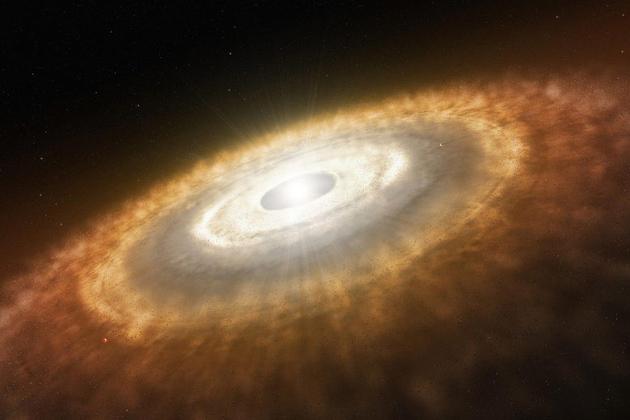 一颗年轻恒星的想象图，此时其周围是一个正在形成行星的原行星盘。图片来源：欧洲南方天文台
