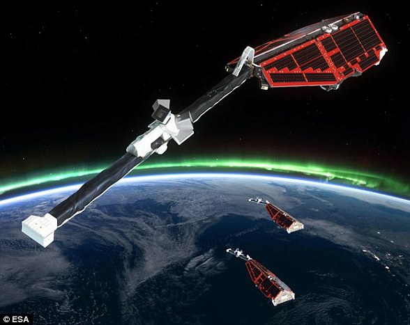 欧洲空间局利用三颗Swarm卫星来研究地球的磁场（艺术想象图）。