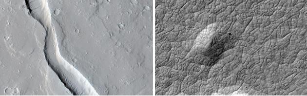 毫无疑问，火星曾经有过火山活动。火星勘测轨道飞行器在奥林匹斯山底部发现了熔岩流的记录（左），以及古代熔岩流留下的螺旋状图案（右）