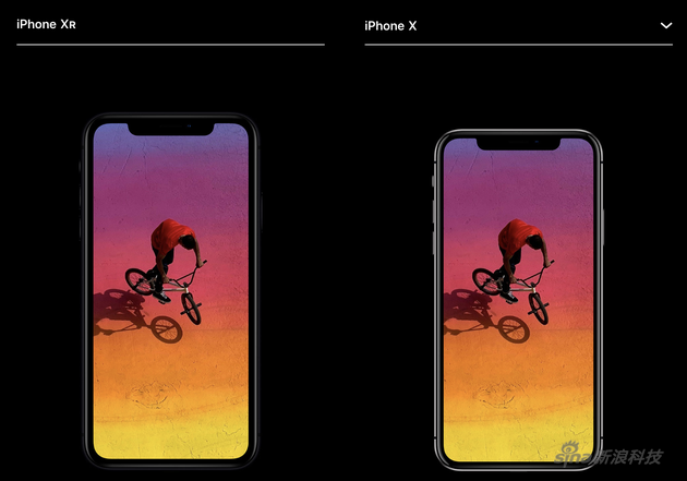 iPhone XR跟iPhone X大小对比(图片来自苹果官网)