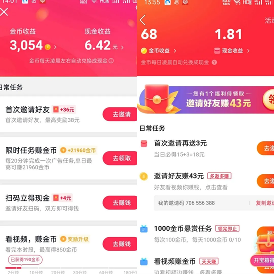 来源 / 受访者供图，左抖音极速版，右快手极速版