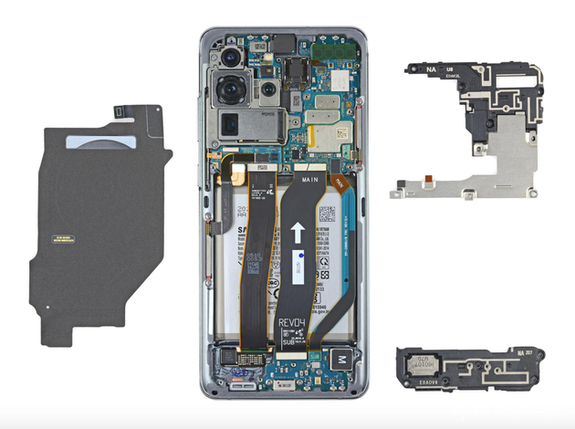 三星S20 Ultra内部结构,一般手机会采用类似的布局(图来自@iFixit)