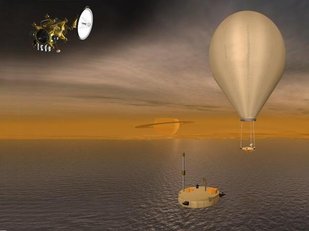 图中是艺术家描绘的土卫六勘测任务，其中包括：轨道器、类似船舶的登陆器和大气探索气球。