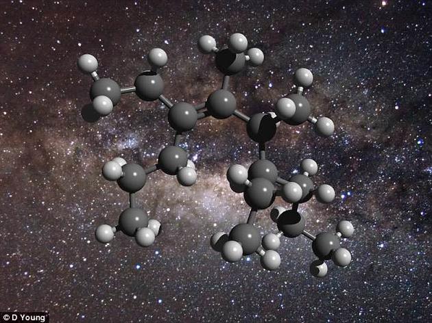 太空油脂由脂肪族化合物组成，上图为该化合物的分子结构，灰色圆球为碳原子，白色圆球为氢原子。