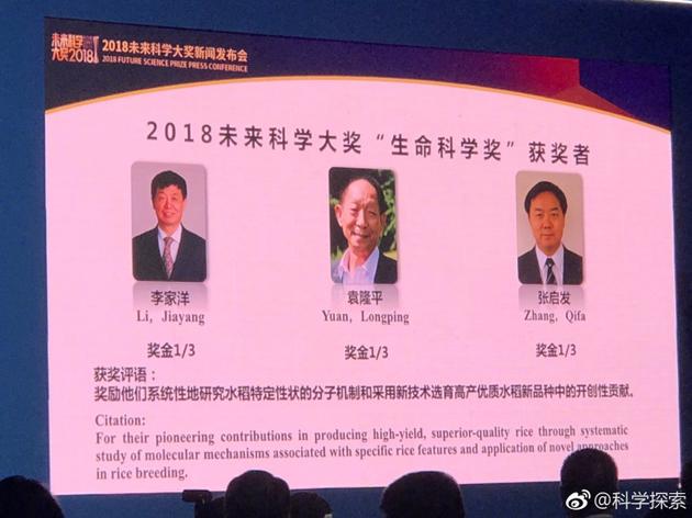 2018未来科学大奖公布：袁隆平等七人获百万美元大奖