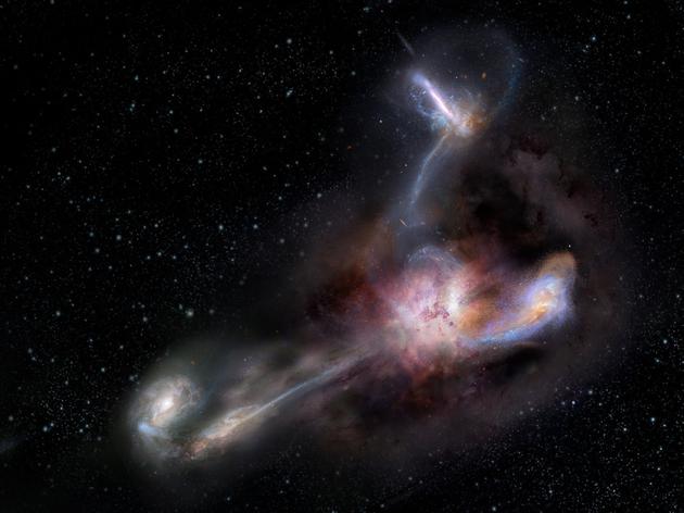 图为目前已知最明亮的星系——WISE J224607.57−052635.0及周围三个星系的概念图。