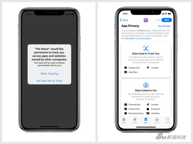 跟踪用户之前会先征求用户同意(左),App Store的隐私页面(右)