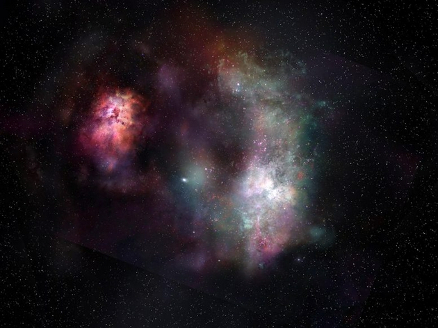 这幅想象图显示了双星系SPT0311-58中的尘埃连续体，以及一氧化碳和水的分子线。ALMA的数据显示，在这两个星系中，较大的那个星系具有丰富的一氧化碳和水，表明在元素最初形成后不久，宇宙中的分子就变得普遍起来