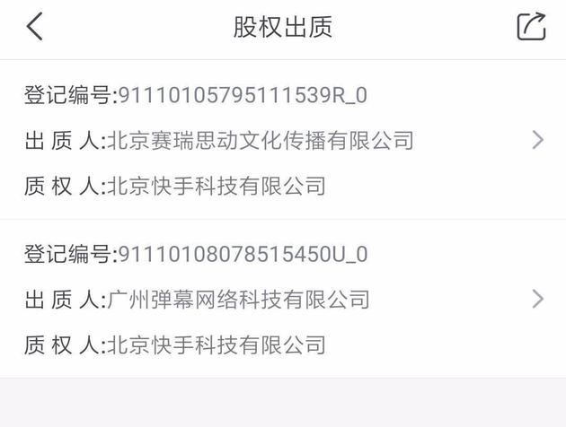 疑似快手与A站进行股权出质的工商登记信息