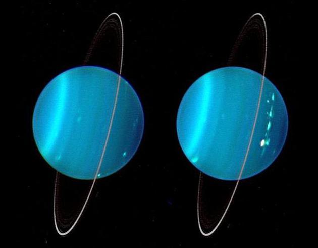 这张天王星两大半球的红外光照片由凯克望远镜摄于2004年7月。天王星的北极指向右下方。