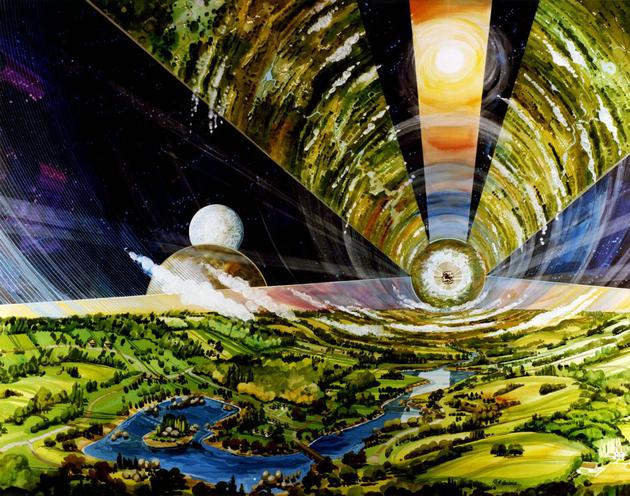 NASA的插图描绘了奥尼尔圆筒的内部构造。每一个太空舱内部都具有人工大气、类似于地球的重力，以及城市与农业结合的生活空间。