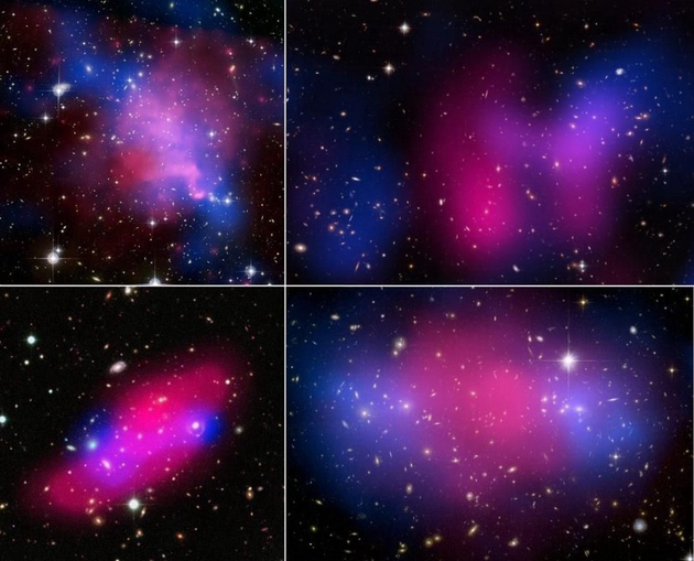 碰撞的星系显示出X射线（粉色）和引力（蓝色）的解离，这可能表明暗物质的存在