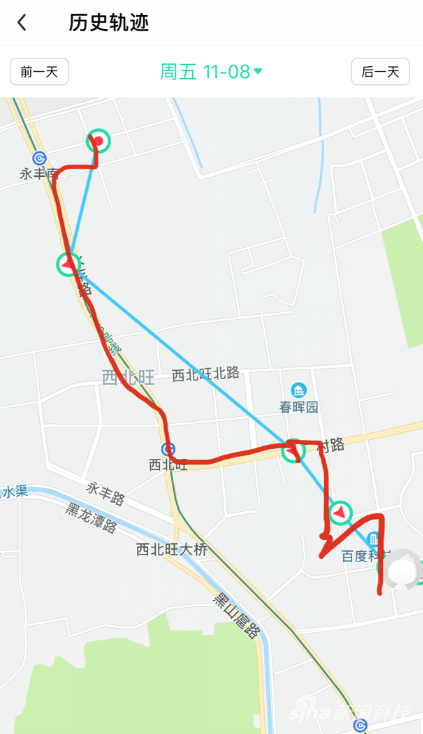 我的路线(红色)和手表给出的轨迹(蓝色)