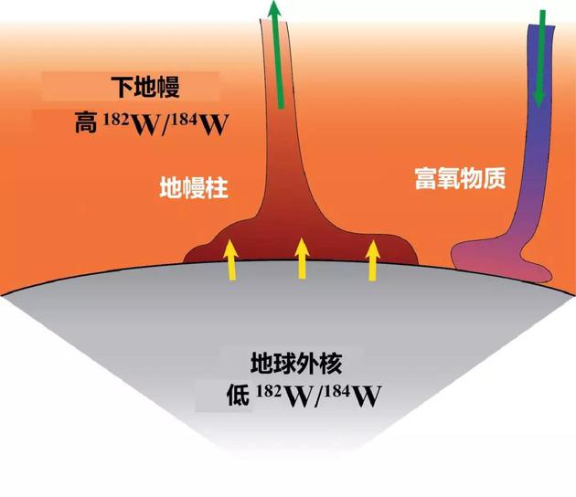 ○ 钨的同位素比值在地核与地幔中的区别，显示了地核的物质如何泄漏到地幔柱中。| 图片来源：Neil Bennett