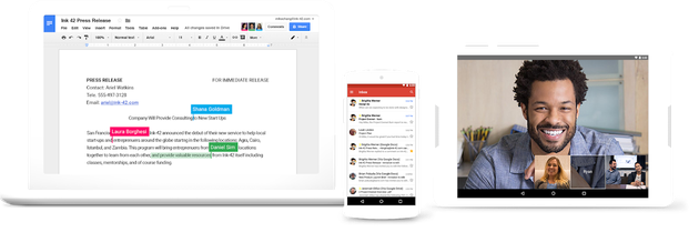 （现 G suite 套餐内的文档协作、即时通讯功能展示 图 | 谷歌）