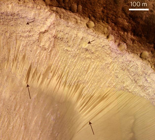 在接近赤道地区的火星撞击坑向阳面，在温度足够高时，科学家们发现在斜坡上出现一些暗色条纹，一些科学家认为，这极可能是流动的高盐度液态水体