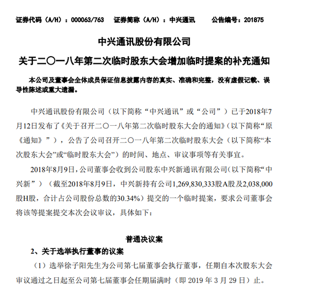 中兴：临时股东大会增加审议选举徐子阳为董事的议案