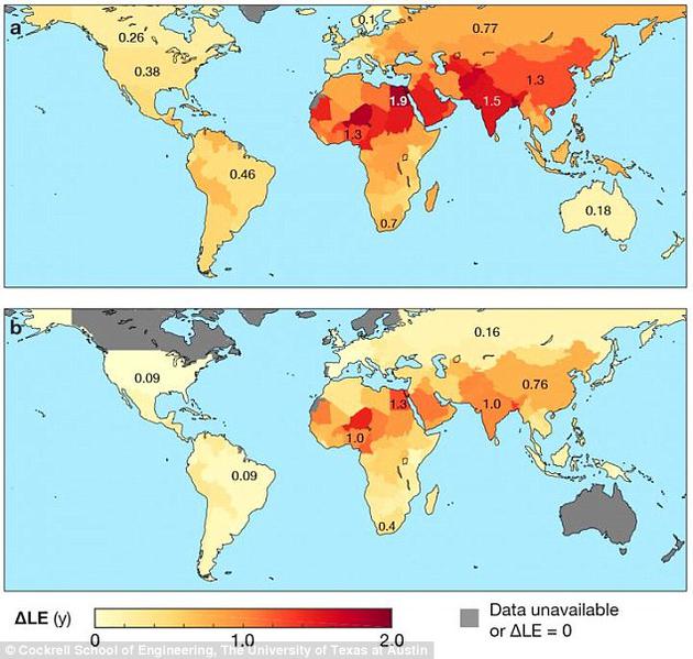 上图为全球人均寿命缩短情况。下图为解决空气污染问题能够增加的人均寿命。