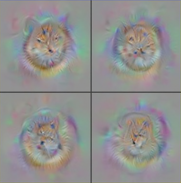 图为“深度视觉化”工具包生成的“理想猫脸”。该程序先从类似电视机没信号时的“雪花”图像开始，对像素进行逐个调整，直到AlexNet神经网络的面部神经元产生最大响应为止。