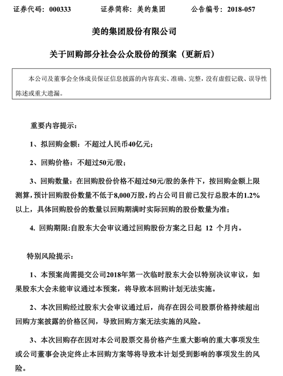 美的集团更正回购股份预案，变更为不低于8000万股