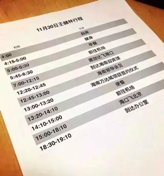 王健林2016年11月30日的日程表。来源:来自网络